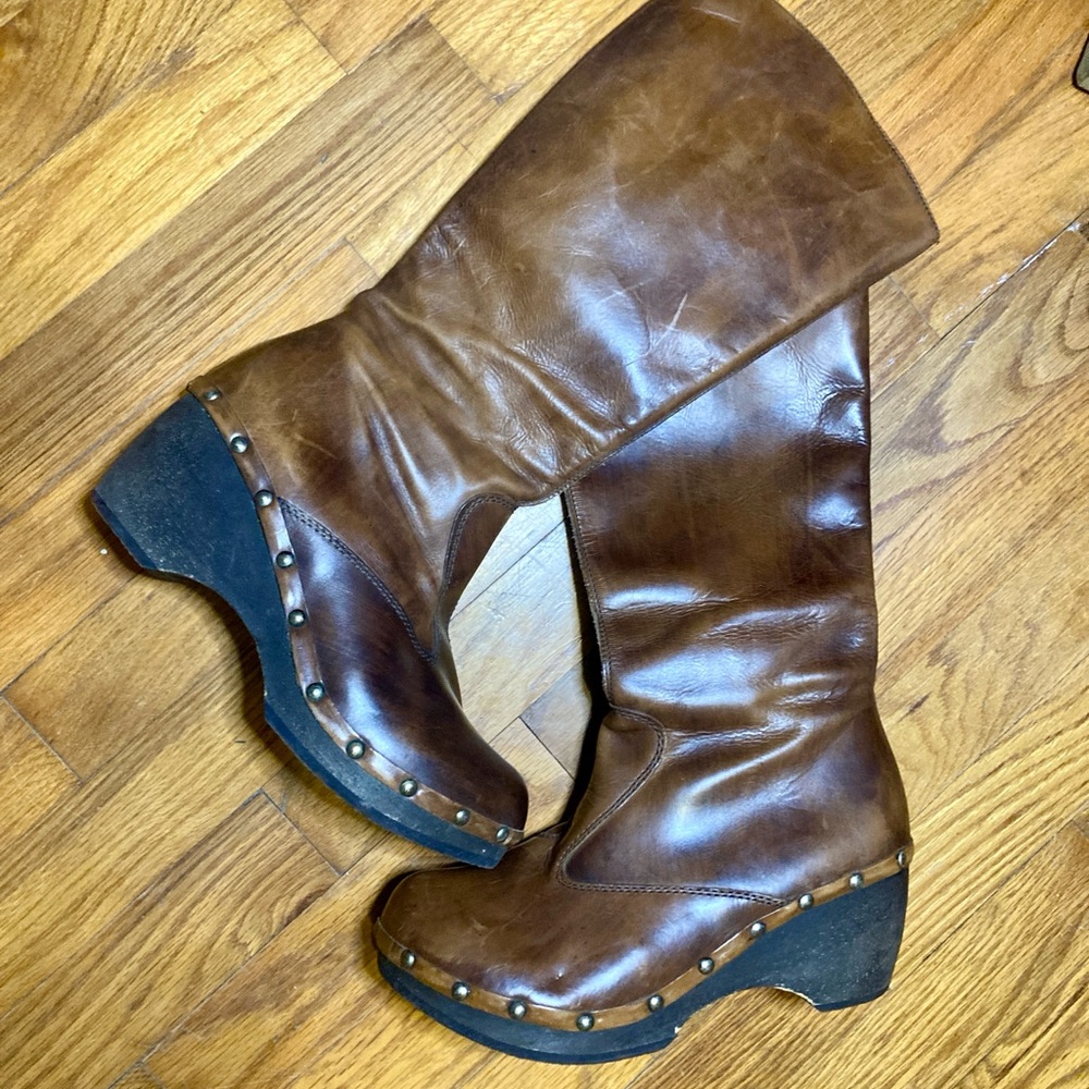Brown Leather Vintage Wedge Boots